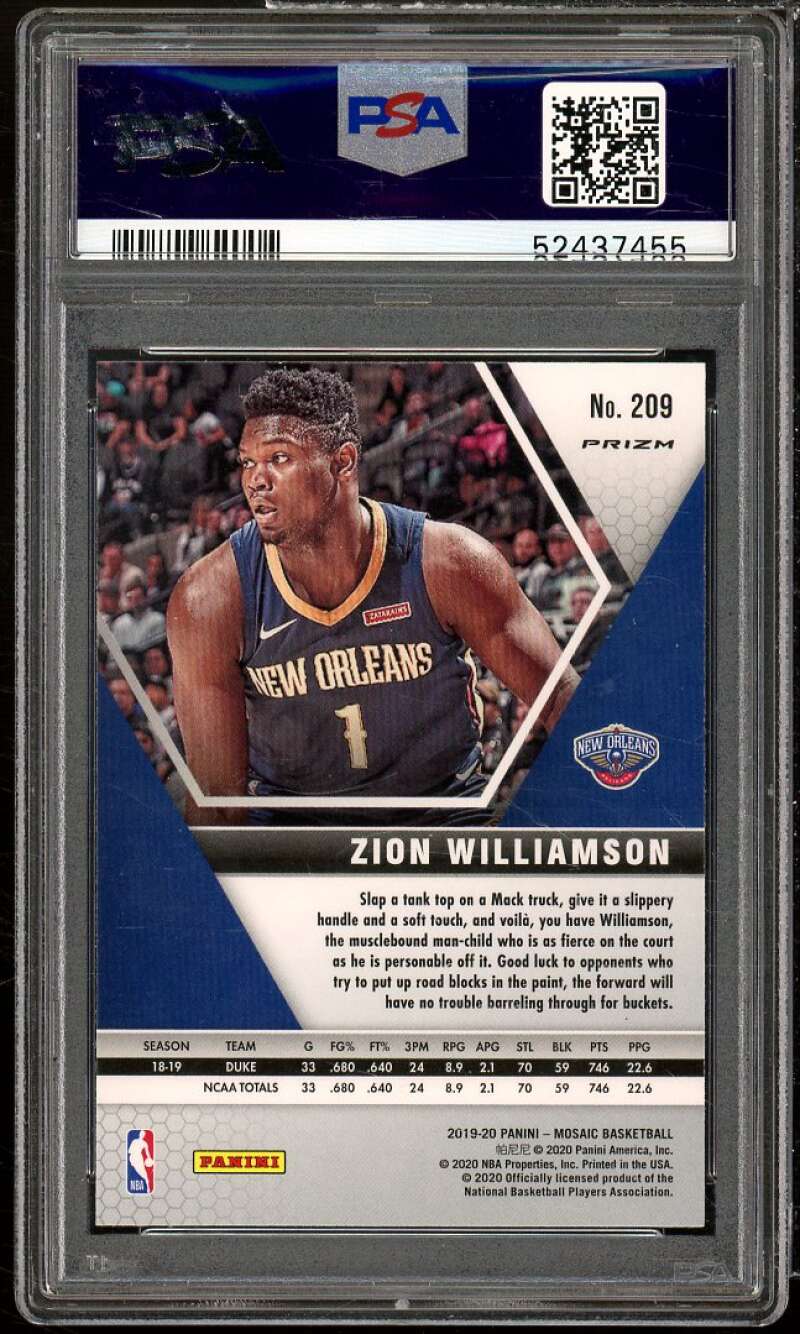 Zion Williamson Rookie Card 2019-20 Panini Mosaic Pink Camo #209 PSA 10 Image 2