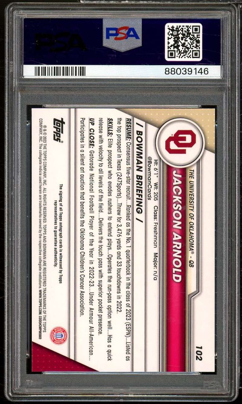 Jackson Arnold Rookie Card 2022 Bowman University Chrome Autograph #102 PSA 10 Image 2