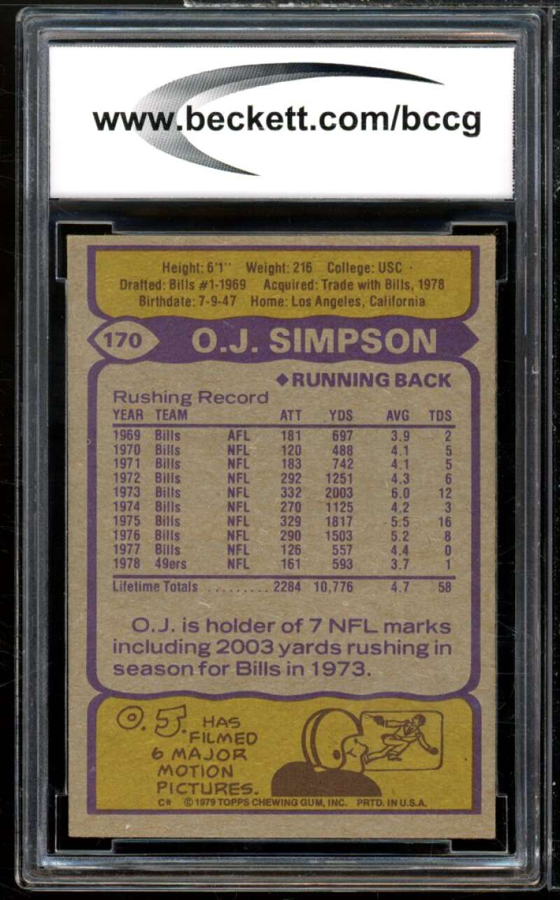 1979 Topps #170 O.J. Simspon Card BGS BCCG 8 Excellent+ Image 2