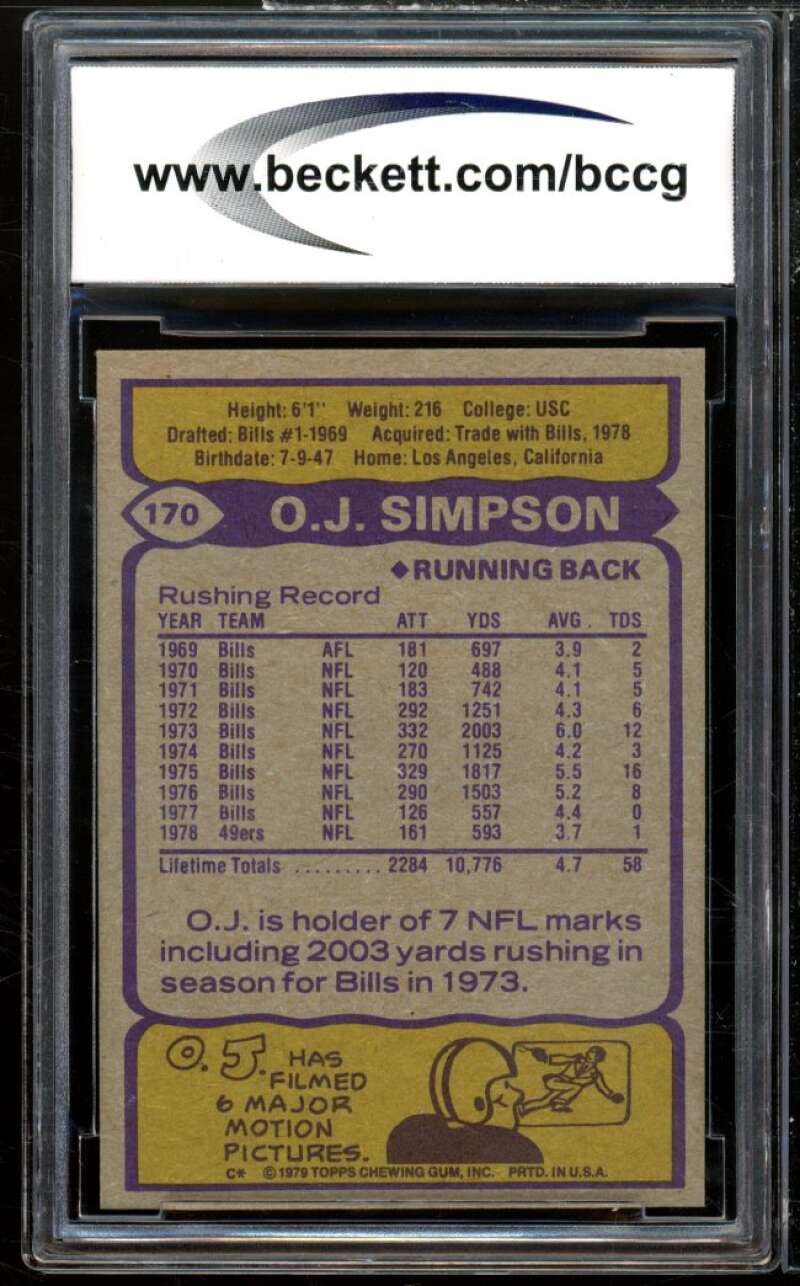 1979 Topps #170 O.J. Simspon Card BGS BCCG 9 Near Mint+ Image 2