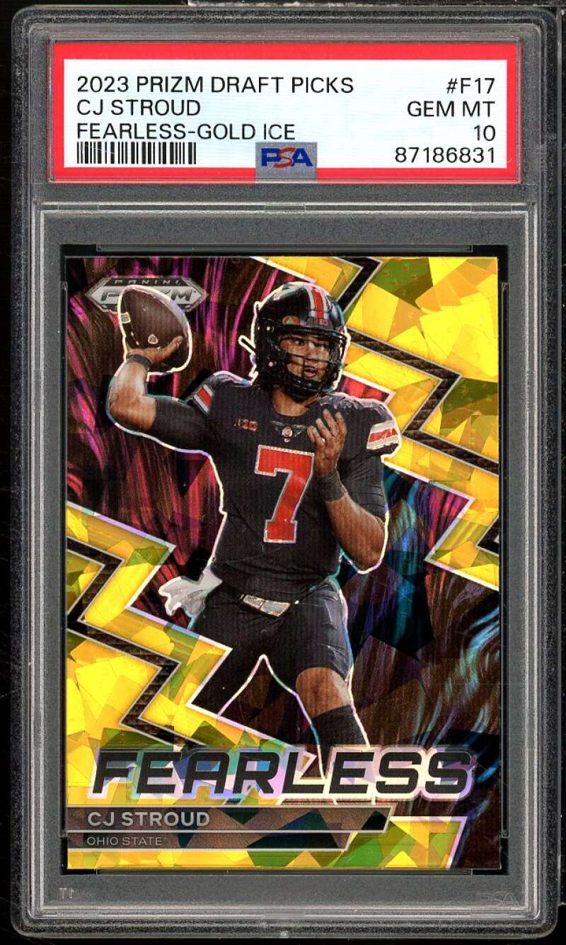 C.J. Stroud Rookie Card 2023 Prizm DP Fearless Gold Ice #F17 PSA 10 Image 1