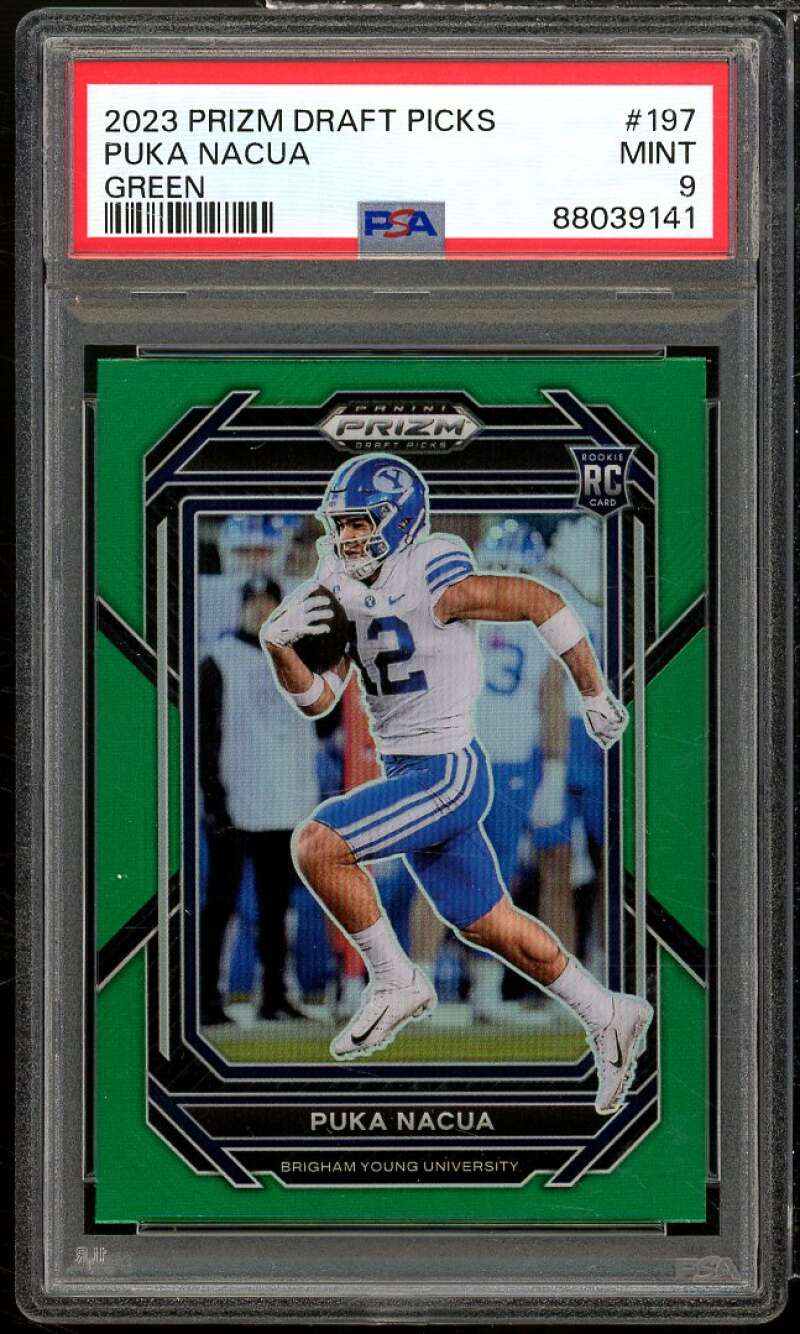 Puka Nacua Rookie Card 2023 Panini Prizm Draft Picks Prizms Green #197 PSA 9 Image 1