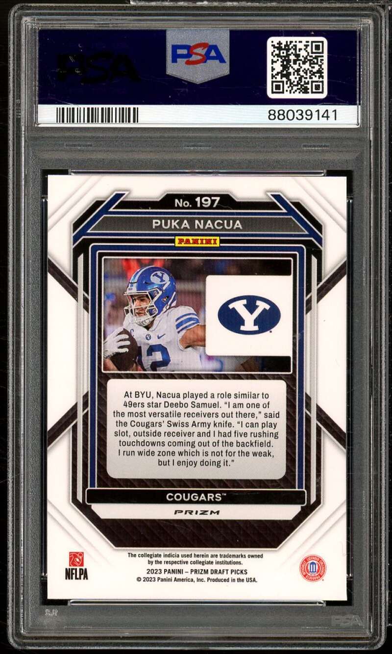 Puka Nacua Rookie Card 2023 Panini Prizm Draft Picks Prizms Green #197 PSA 9 Image 2