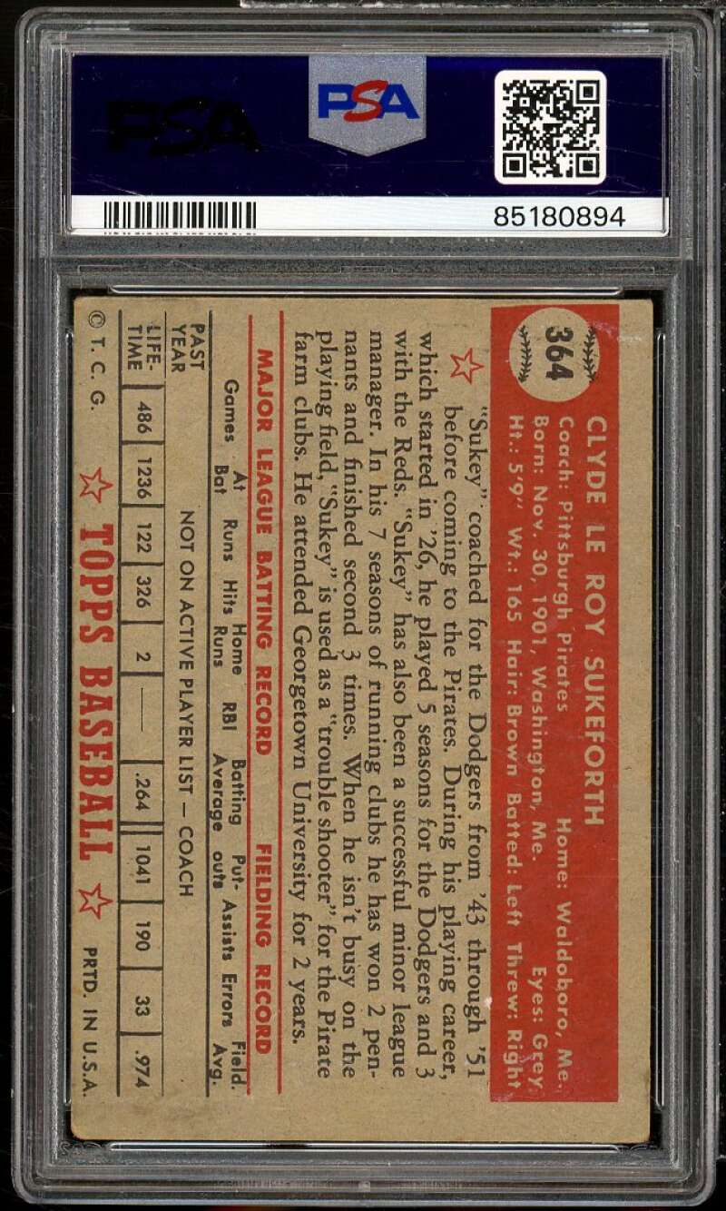 Clyde Sukeforth Rookie Card 1952 Topps #364 PSA 3 Image 2