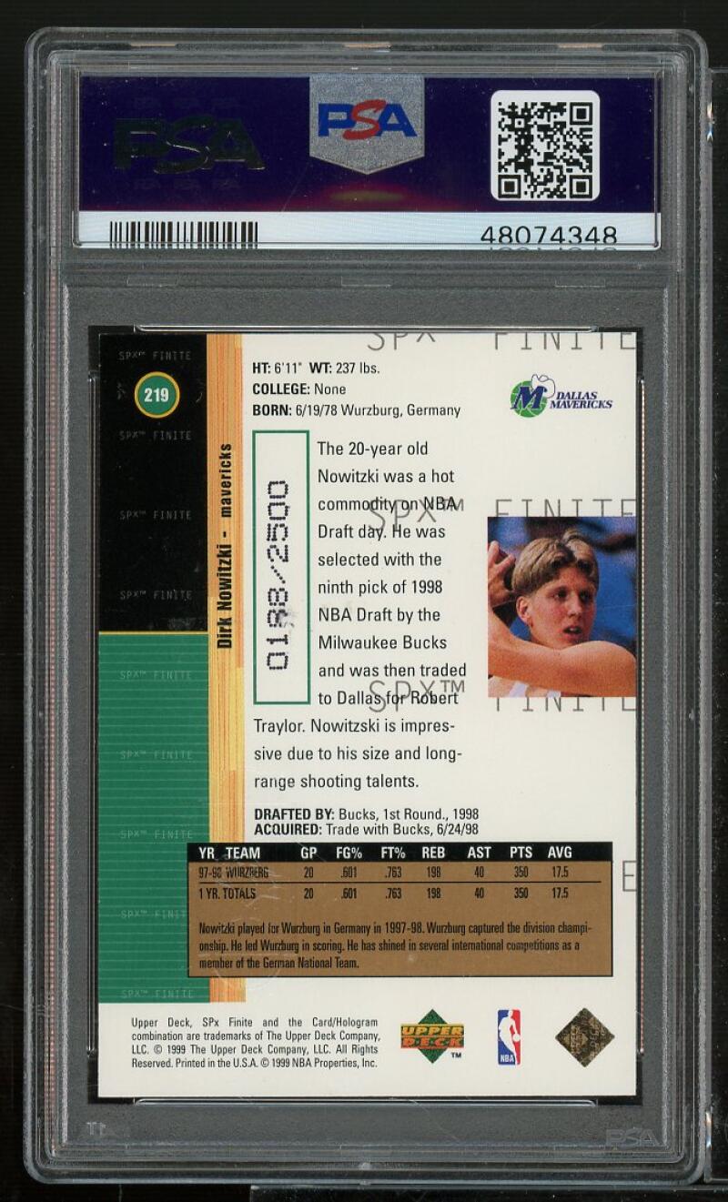 Dirk Nowitzki Rookie Card 1998-99 SPx Finite #219 PSA 7 Image 2