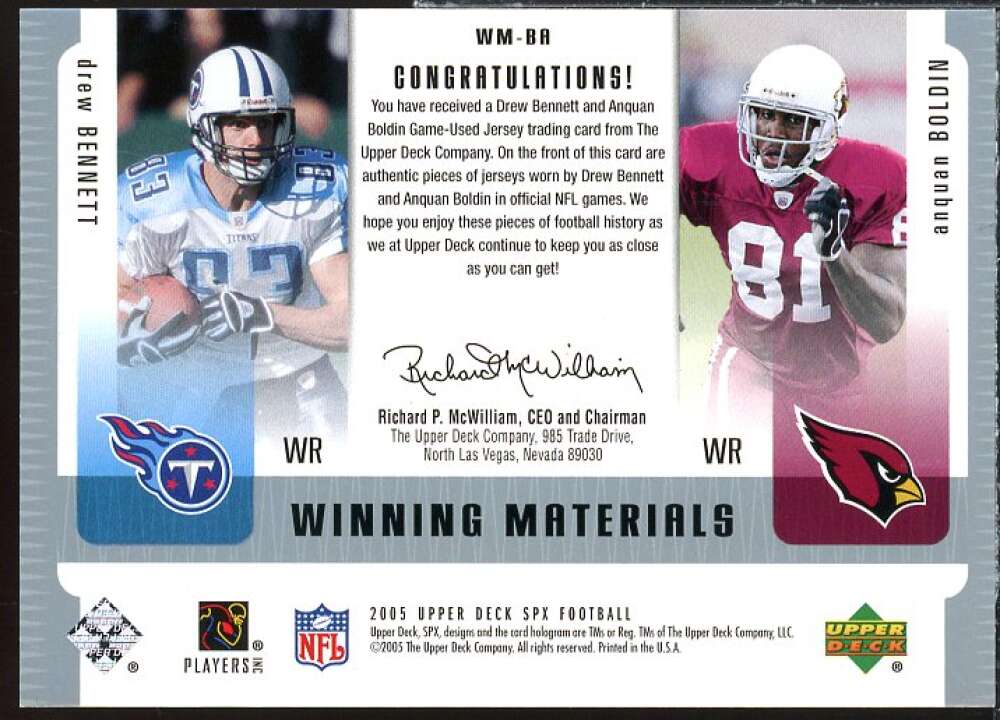Drew Bennett/Anquan Boldin Card 2005 SPx Winning Materials #BA  Image 2