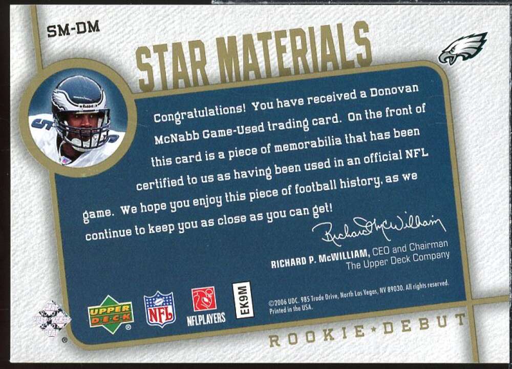 Donovan McNabb Card 2006 Upper Deck Rookie Debut Star Materials Gold #SMDM  Image 2