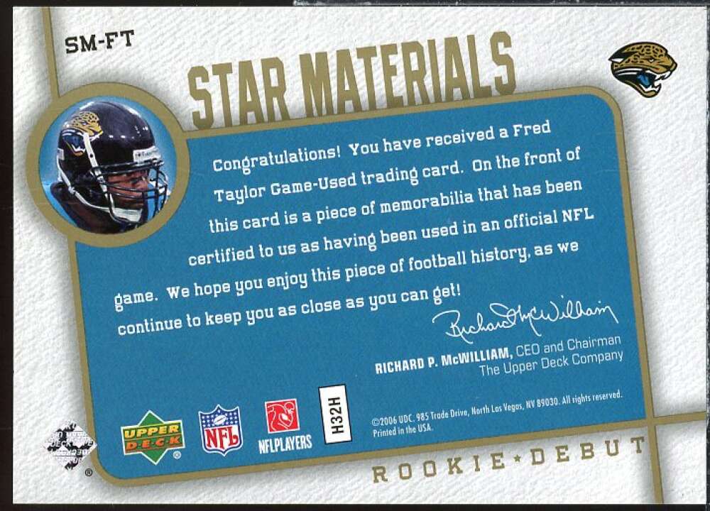 Fred Taylor Card 2006 Upper Deck Rookie Debut Star Materials Gold #SMFT  Image 2