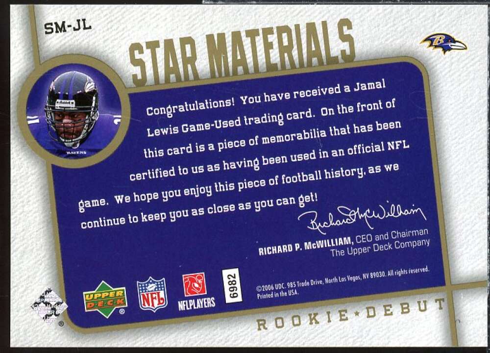 Jamal Lewis Card 2006 Upper Deck Rookie Debut Star Materials Gold #SMJL  Image 2