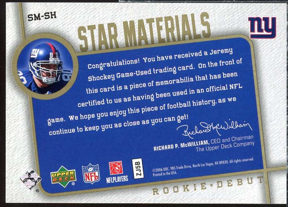 Jeremy Shockey Card 2006 Upper Deck Rookie Debut Star Materials Gold #SMSH  Image 2