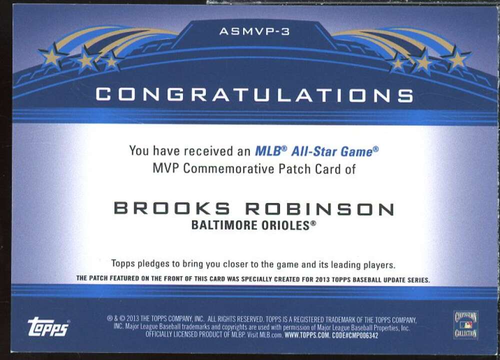 Brooks Robinson 2013 Topps Update All Star Game MVP Commemorative Patches #3  Image 2