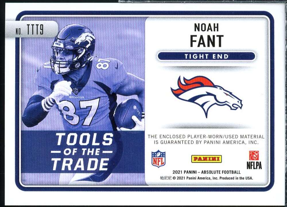 Noah Fant Card 2021 Absolute Tools of the Trade Triple Materials #9  Image 2