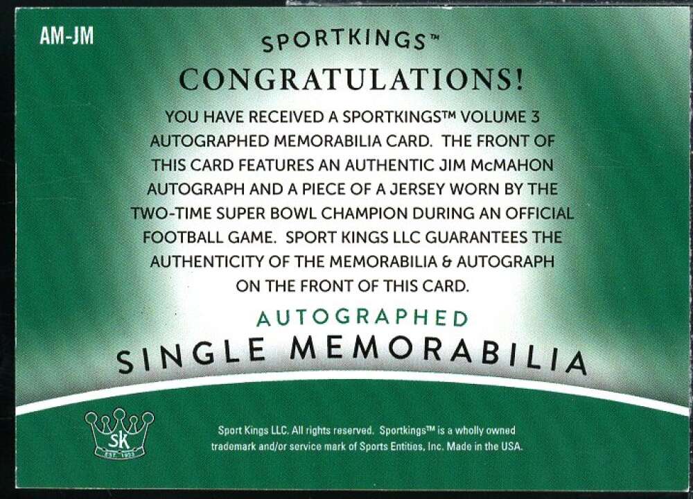 Jim McMahon Card 2022 Sportkings Volume 3 Autographed Single Memorabilia #AM-JM  Image 2