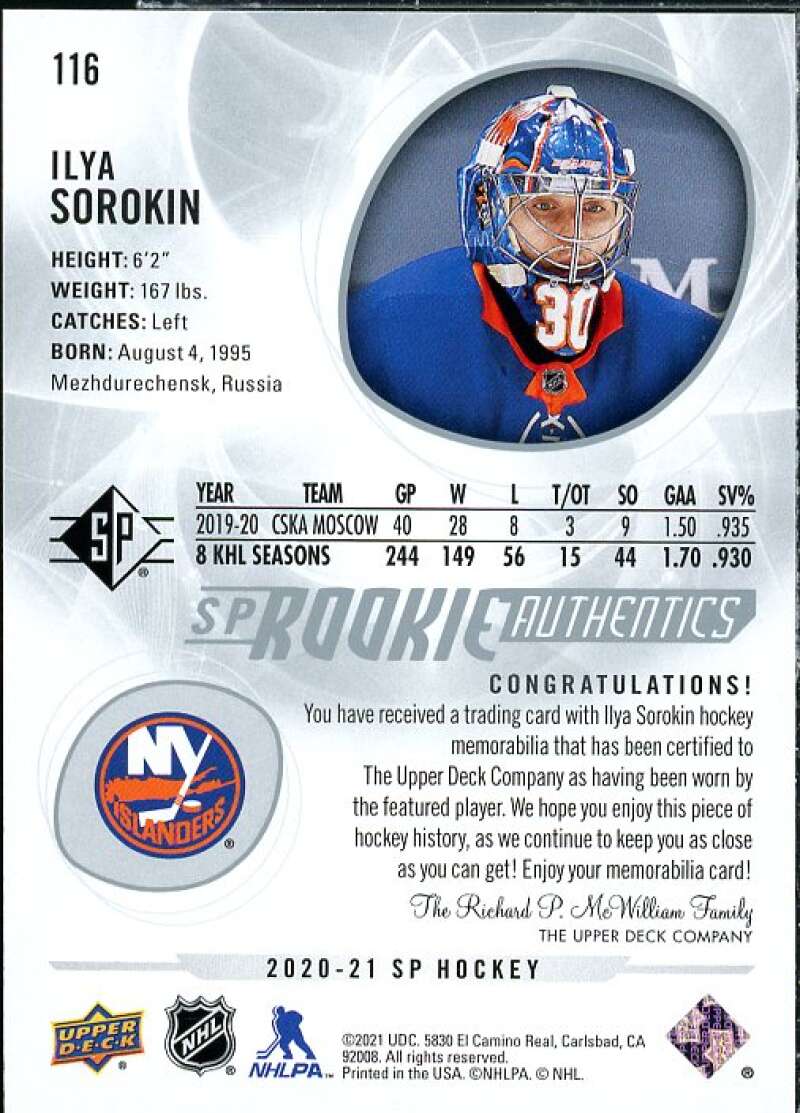 Ilya Sorokin Card 2020-21 SP Jerseys #116  Image 2