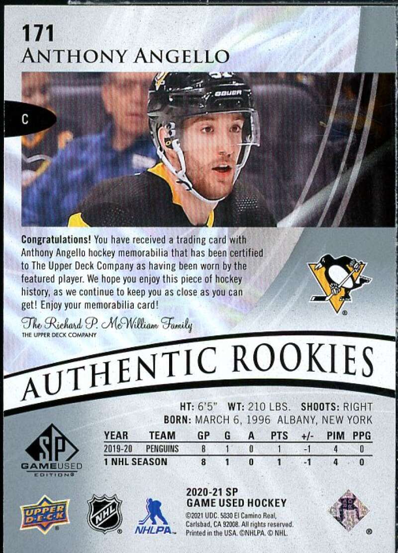 Anthony Angello JSY Rookie Card 2020-21 SP Game Used Silver #171  Image 2