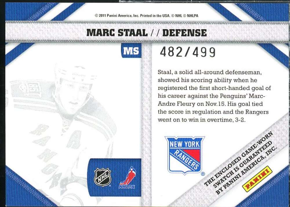 Marc Staal Card 2010-11 Pinnacle Threads #MS  Image 2