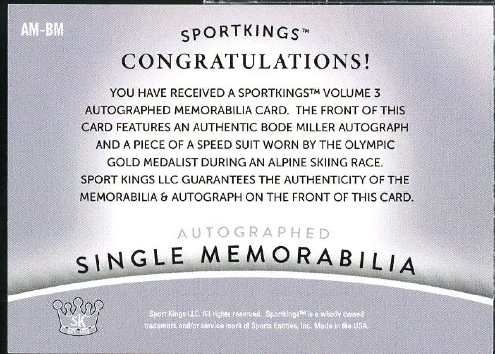 Bode Miller Card 2022 Sportkings Volume 3 Single Autographed Memonabilia #AM-BM  Image 2