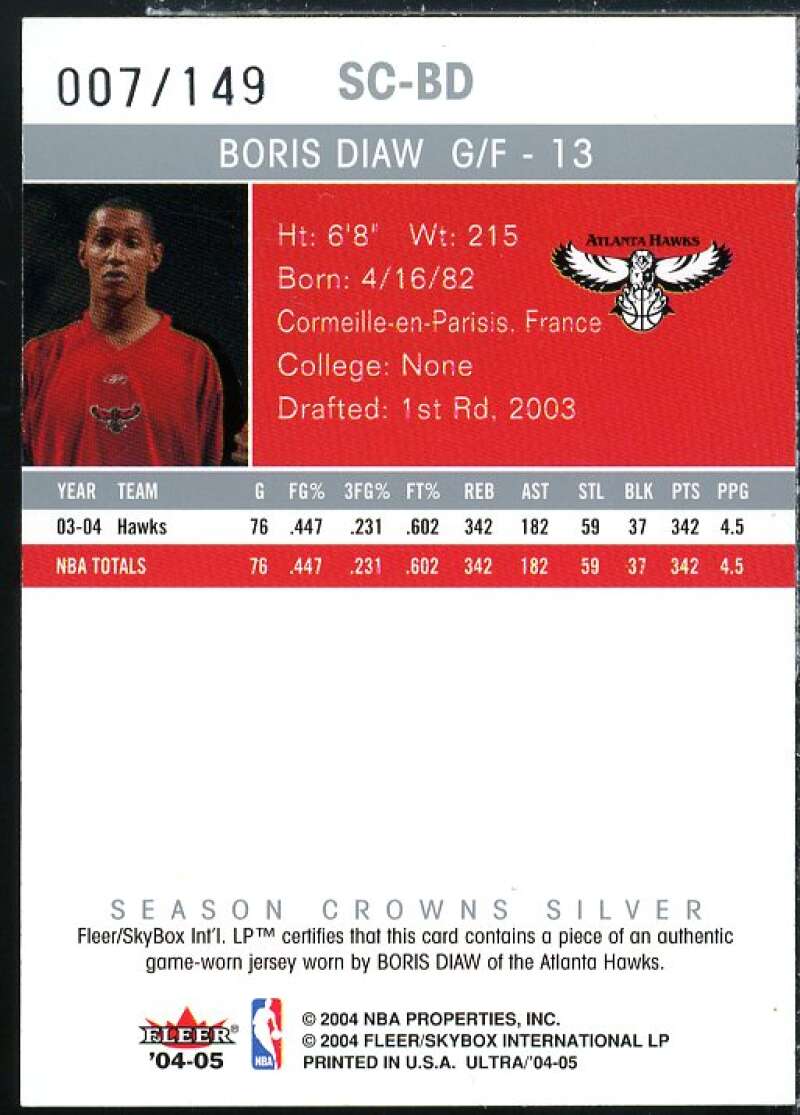 Boris Diaw Card 2004-05 Ultra Season Crowns Game Used 149 #BD  Image 2