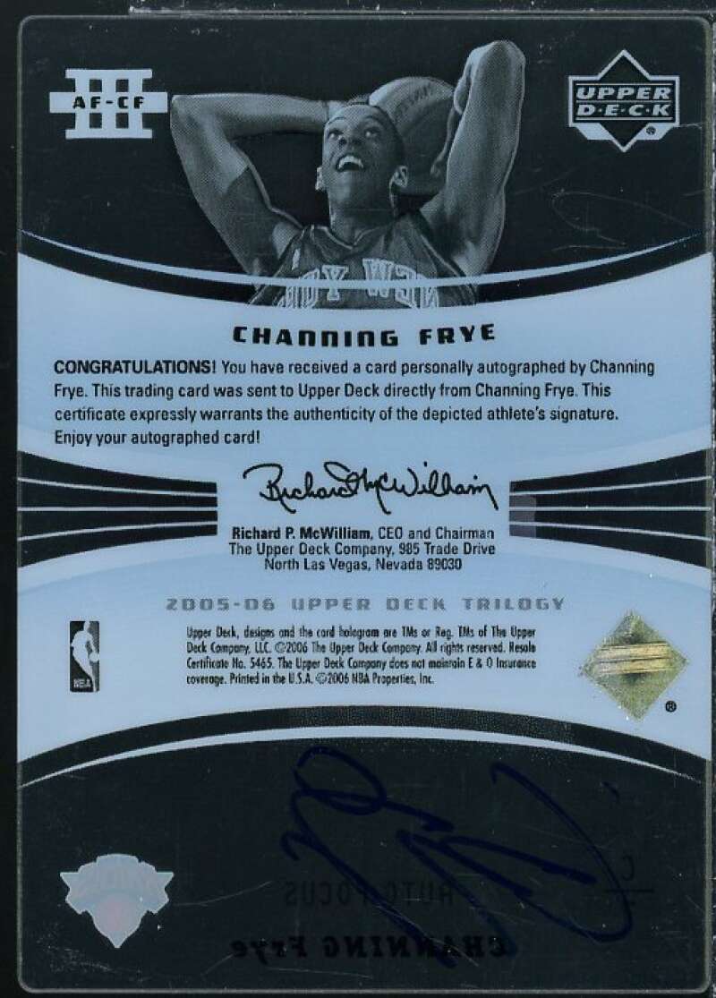 Channing Frye Rookie Card 2005-06 Upper Deck Trilogy Auto Focus #CF  Image 2