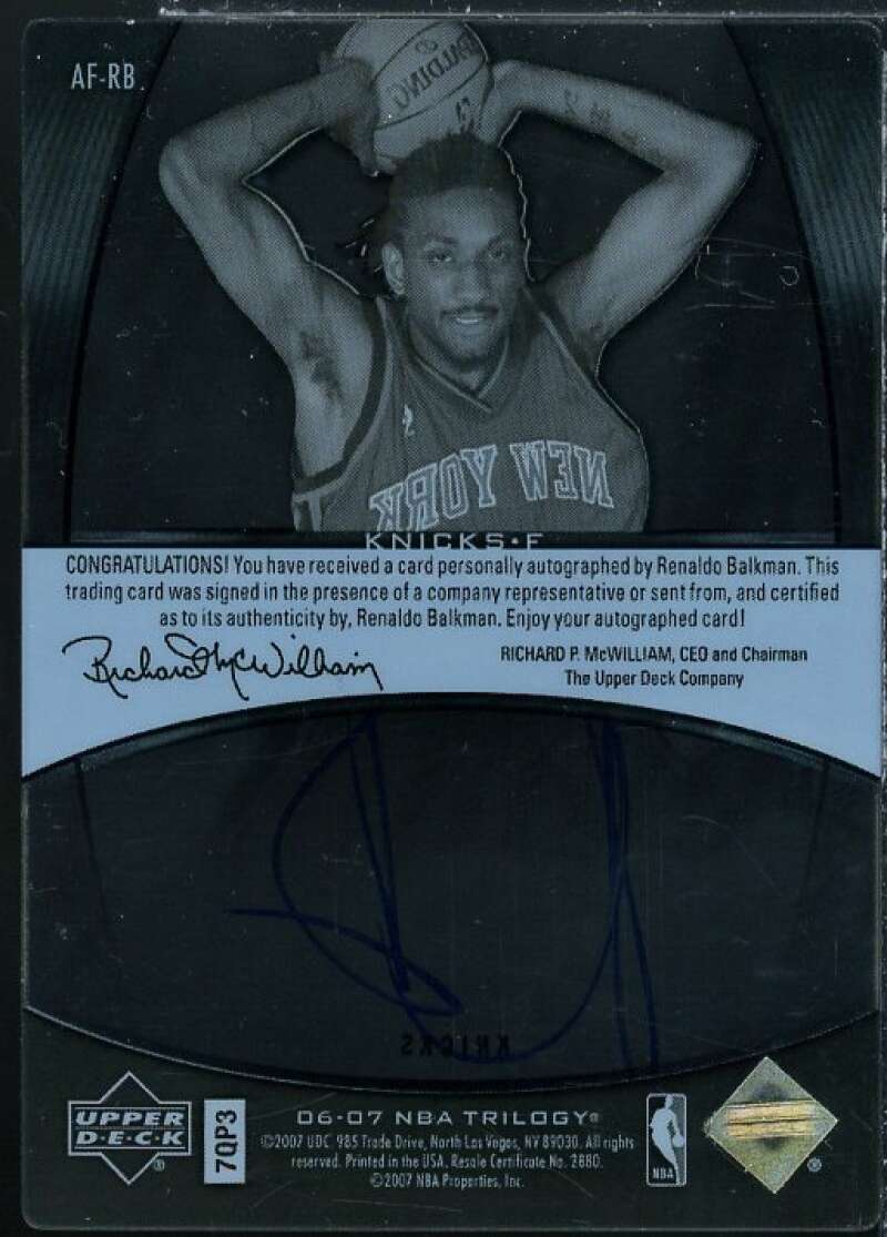 Renaldo Balkman Rookie Card 2006-07 Upper Deck Trilogy Auto Focus #AFRB  Image 2