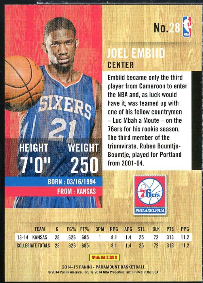 Joel Embiid Rookie Card 2014-15 Paramount #28  Image 2