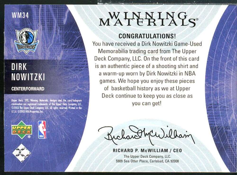 Dirk Nowitzki Card 2003-04 SPx Winning Materials #WM34  Image 2