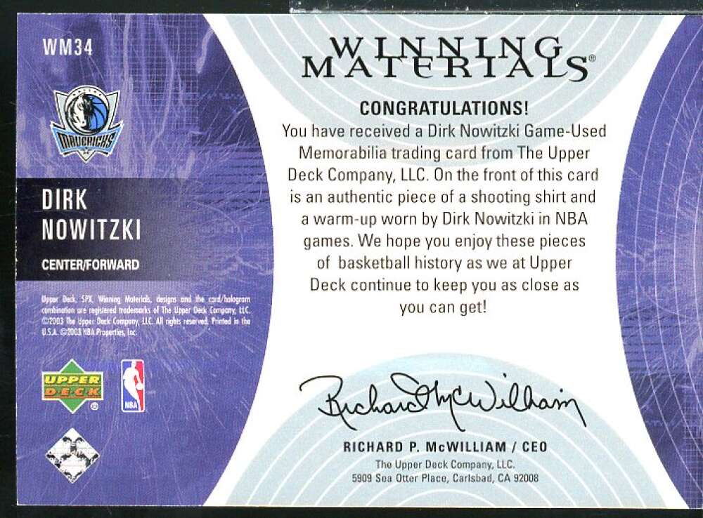 Dirk Nowitzki Card 2003-04 SPx Winning Materials #WM34  Image 2