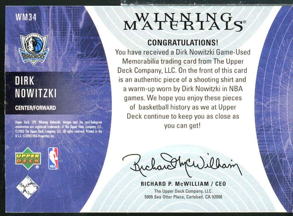 Dirk Nowitzki Card 2003-04 SPx Winning Materials #WM34  Image 2