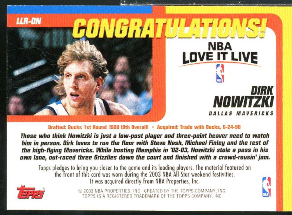 Dirk Nowitzki E Card 2003-04 Topps Love it Live Relics #DN  Image 2