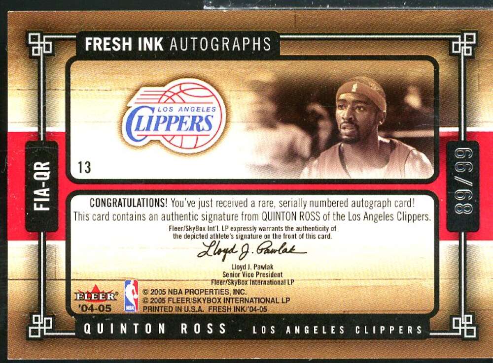 Quinton Ross Card 2004-05 SkyBox Fresh Ink Autographs Red #QR  Image 2