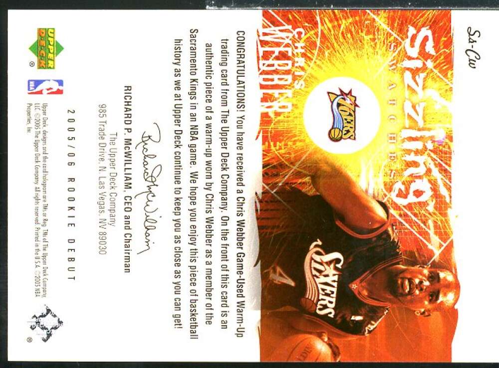 Chris Webber Card 2005-06 Upper Deck Rookie Debut Sizzling Swatches #CW  Image 2