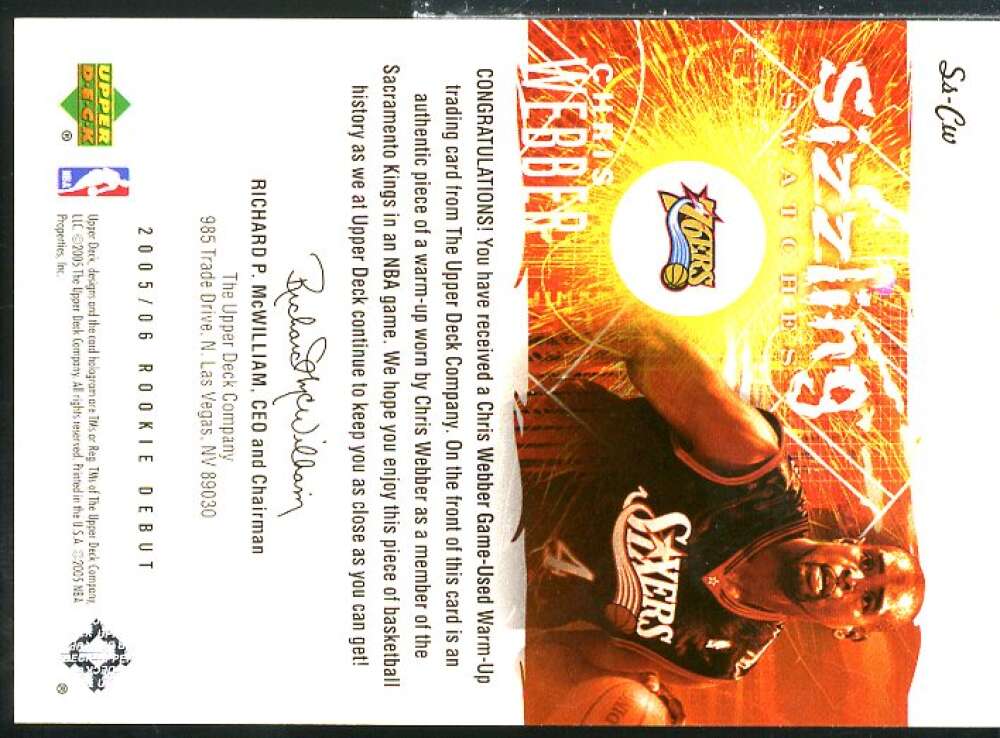 Chris Webber Card 2005-06 Upper Deck Rookie Debut Sizzling Swatches #CW  Image 2