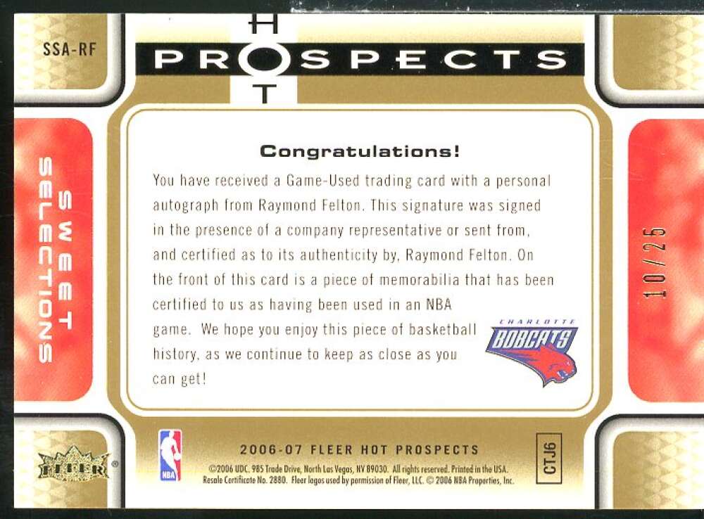 Raymond Felton 2006 Fleer Hot Prospects Sweet Selections Autographs Jerseys #RF  Image 2