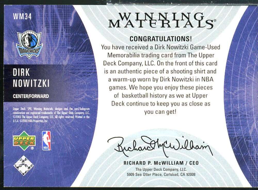 Dirk Nowitzki Card 2003-04 SPx Winning Materials #WM34  Image 2