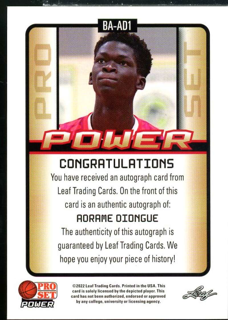 Adrame Diongue Rookie Card 2021-22 Leaf Pro Set Power Black #BAAD1  Image 2