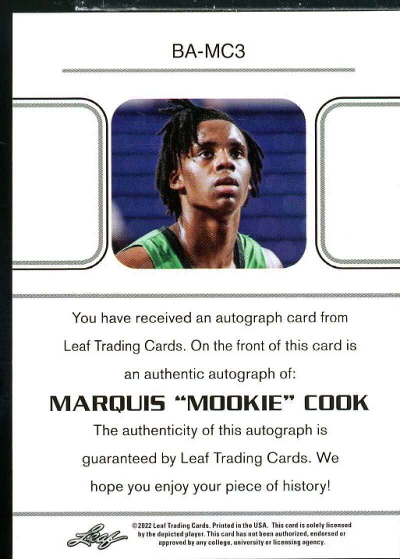 Marquis Mookie Cook Rookie Card 2021-22 Leaf Memories '90 Green #BAMC3  Image 2