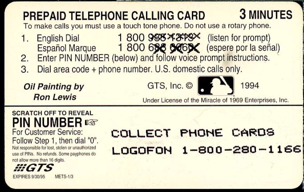 Rube Walker 1994 GTS '69 New York Mets Collector Edition Phones 5 Minutes #NNO  Image 2