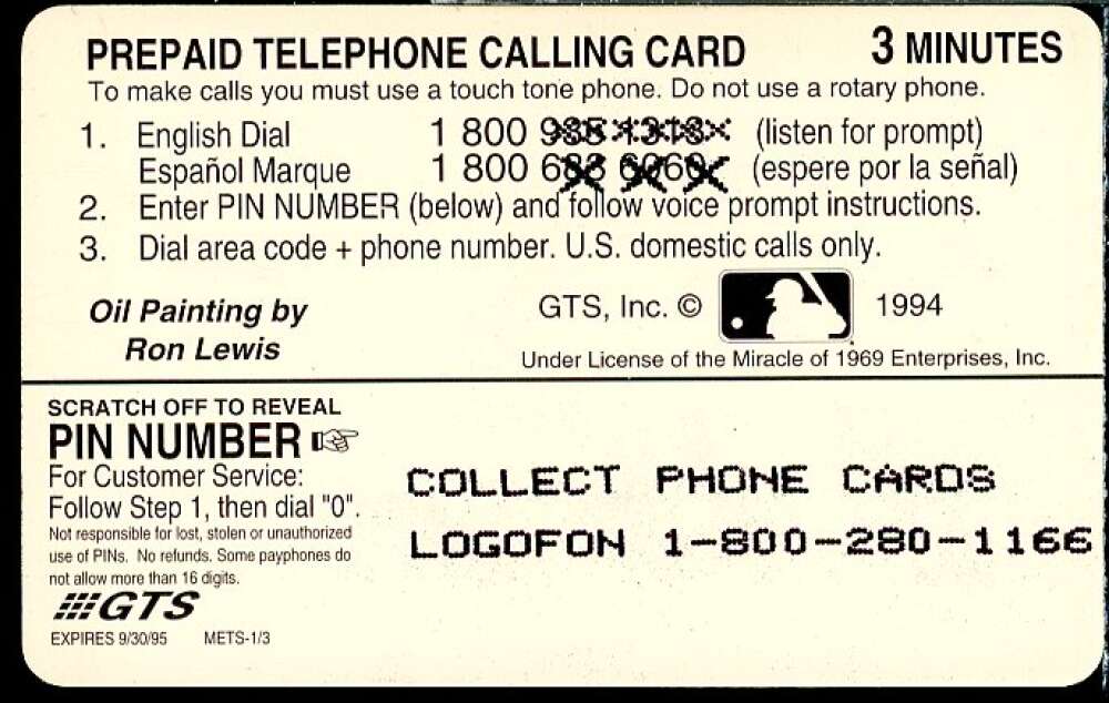 Rube Walker 1994 GTS '69 New York Mets Collector Edition Phones 5 Minutes #NNO  Image 2