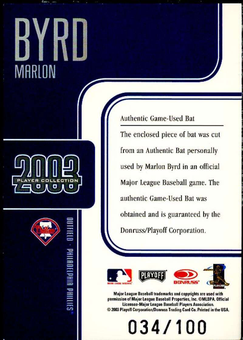 Marlon Byrd Bat Card 2003 Playoff Piece of the Game Player Collection #15  Image 2