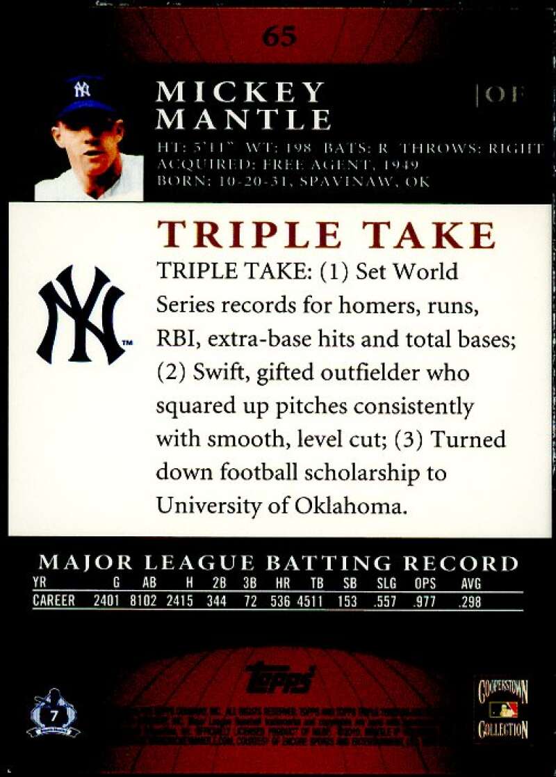 Mickey Mantle Card 2010 Topps Triple Threads Sepia #65  Image 2