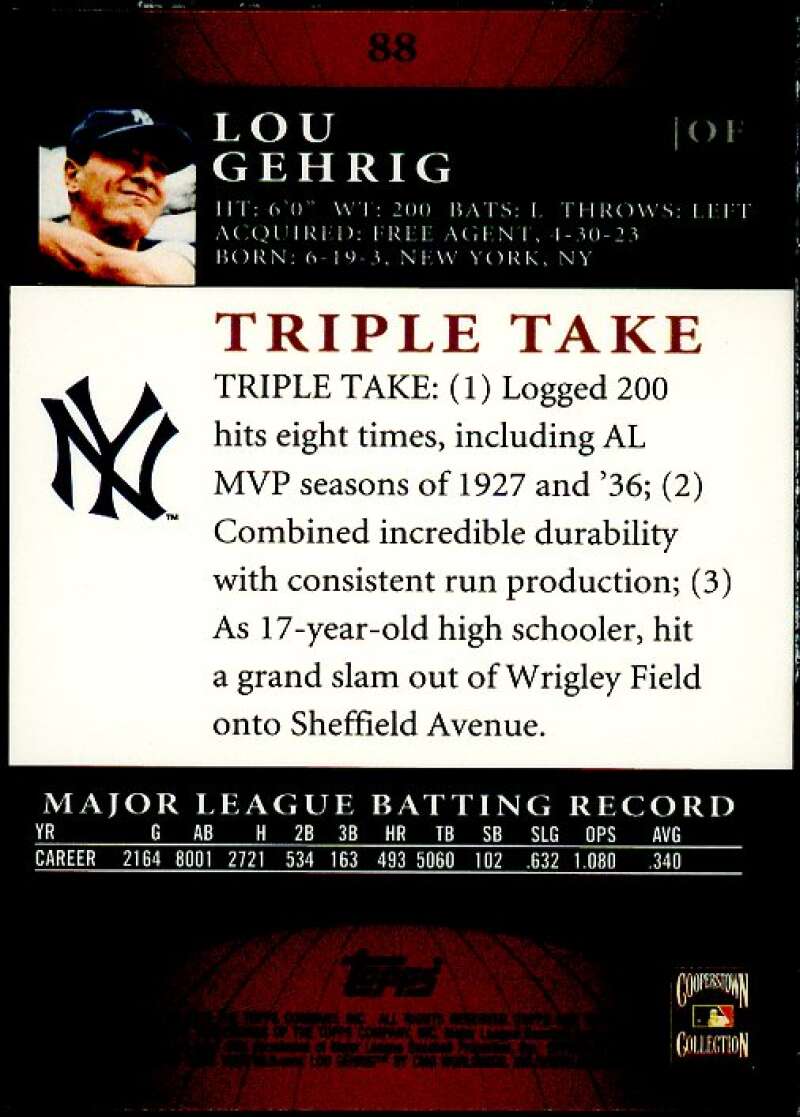 Lou Gehrig Card 2010 Topps Triple Threads Sepia #88  Image 2