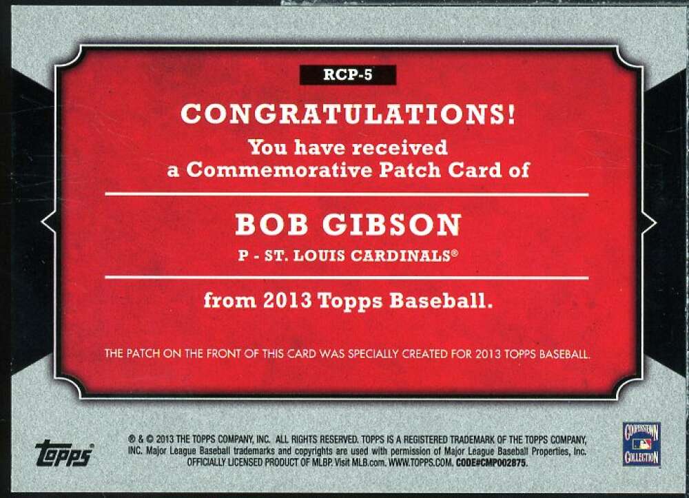 Bob Gibson Card 2013 Topps Manufactured Commemorative Rookie Patch #RCP5  Image 2
