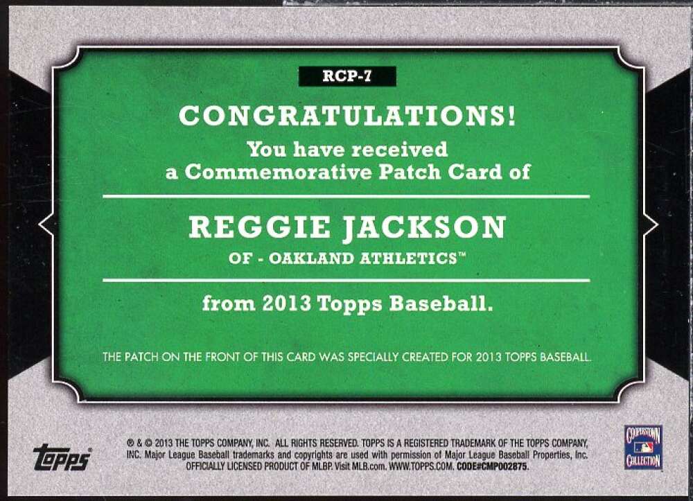 Reggie Jackson Card 2013 Topps Manufactured Commemorative Rookie Patch #RCP7  Image 2
