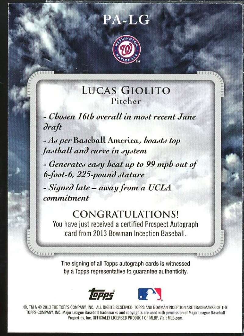 Lucas Giolito Rookie Card 2013 Bowman Inception Prospect Autographs #LG  Image 2