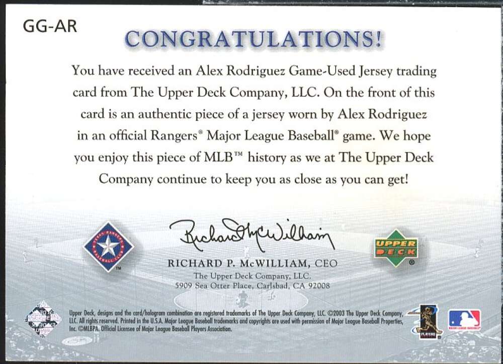 Alex Rodriguez Home Card 2003 Upper Deck Game Face Gear #AR  Image 2