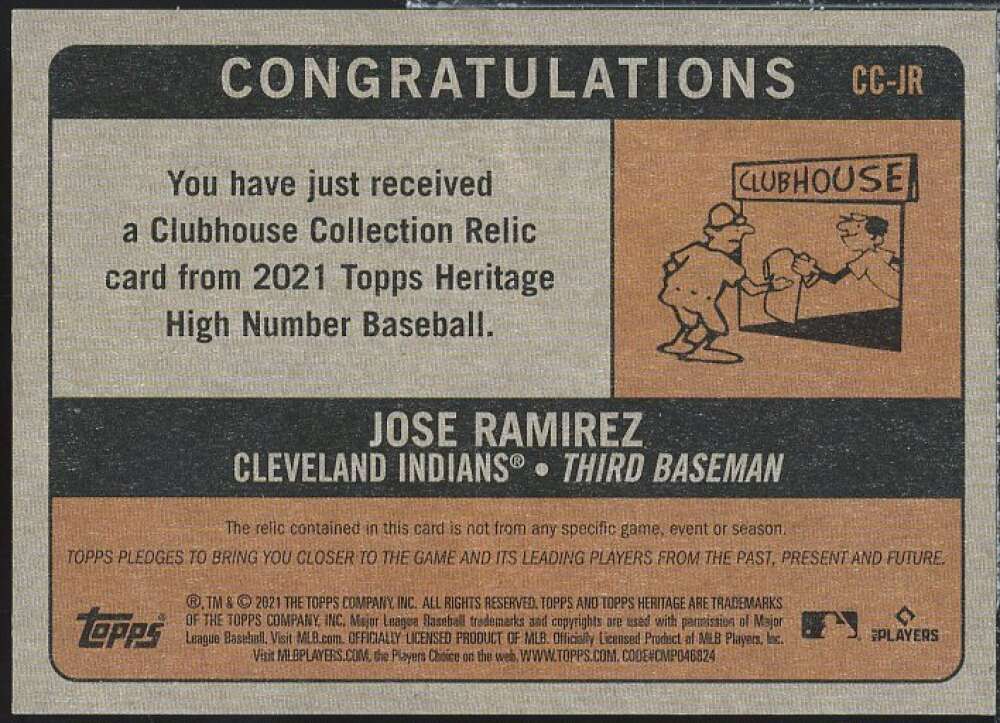 Jose Ramirez HN Card 2021 Topps Heritage Clubhouse Collection Relics #CCJR  Image 2