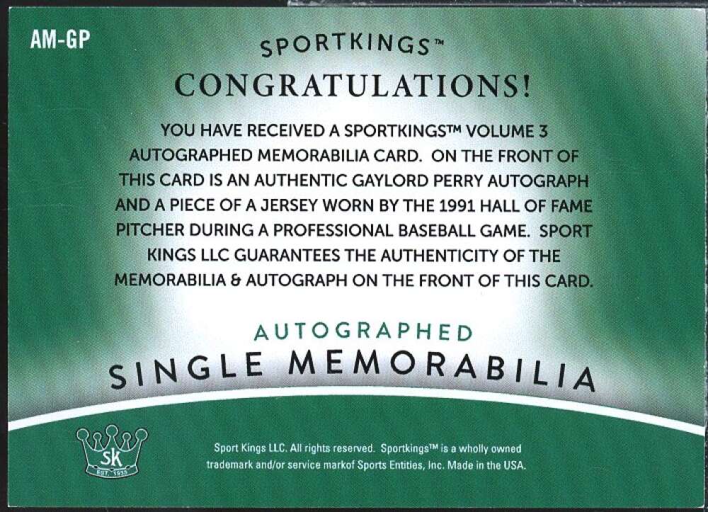 Gaylord Perry Card 2022 Sportkings Volume 3 Single Memorabilia Green AU  #AM-GP  Image 2