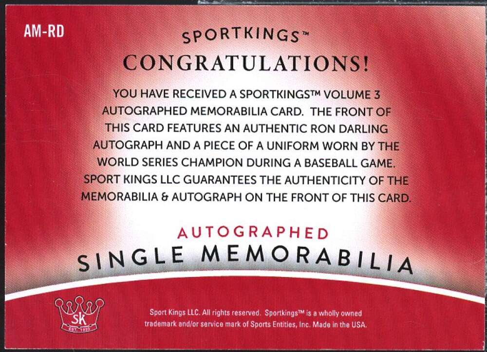 Ron Darling Card 2022 Sportkings Volume 3 Single Memorabilia Red AU #AM-RD  Image 2