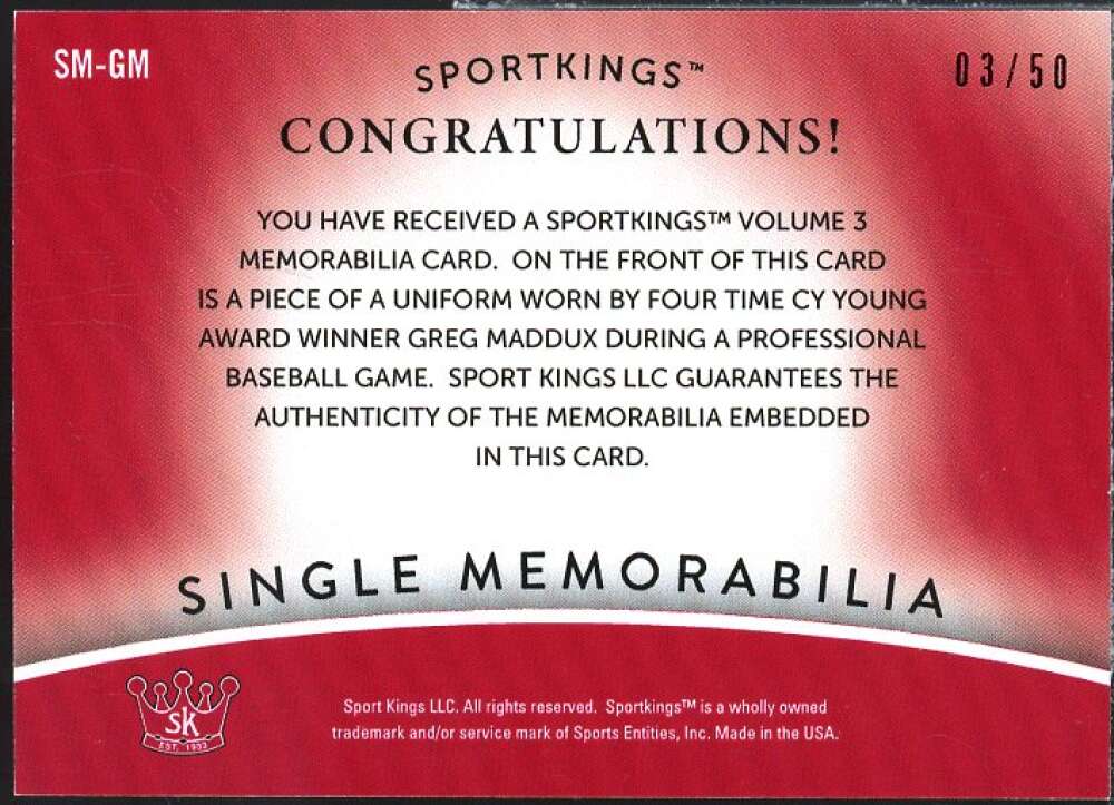 Greg Maddux Card 2022 Sportkings Volume 3 Single Memorabilia Red #SM-GM  Image 2