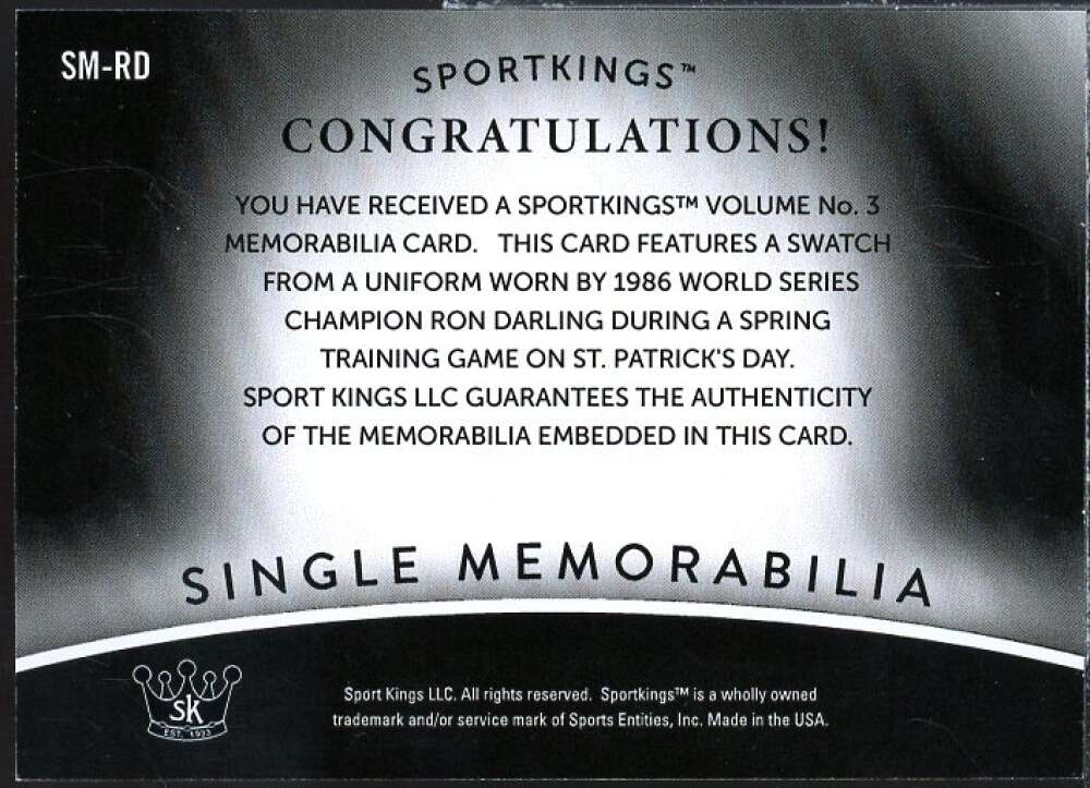 Ron Darling Card 2022 Sportkings Volume 3 Single Memorabilia Black #SM-RD  Image 2